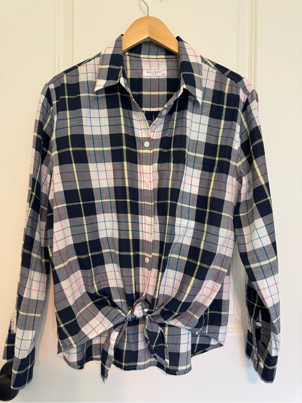 Plaid Button-Up Tie-Front Shirt - Navy/White